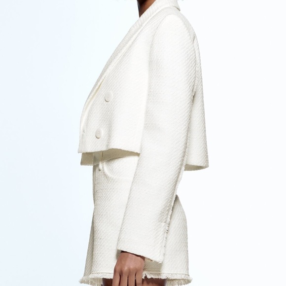 ZARA OYSTER WHITE TWEED DOUBLE BREASTED CROPPED BLAZER $129 - Picture 13 of 16